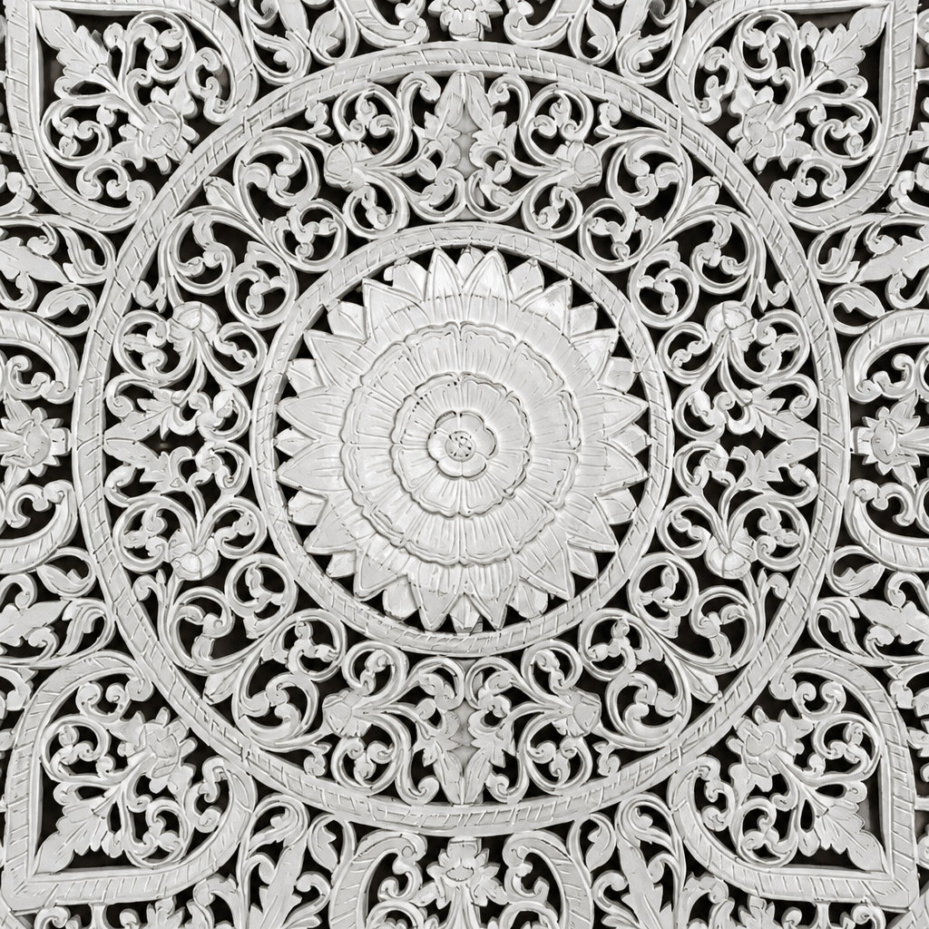 Hand Carved Queen Size Mandala Bed Headboard - 'Umadewi' in White Wash
