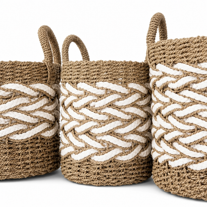 Set of 3 Baskets 'Papua' - White & Natural