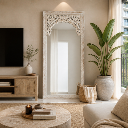 Hand Carved Mirror "Cahaya" - Antique Wash - 180 x 80 cm