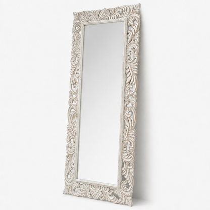Hand Carved Mirror "Pelangi" in White Wash - 180 x 80 cm