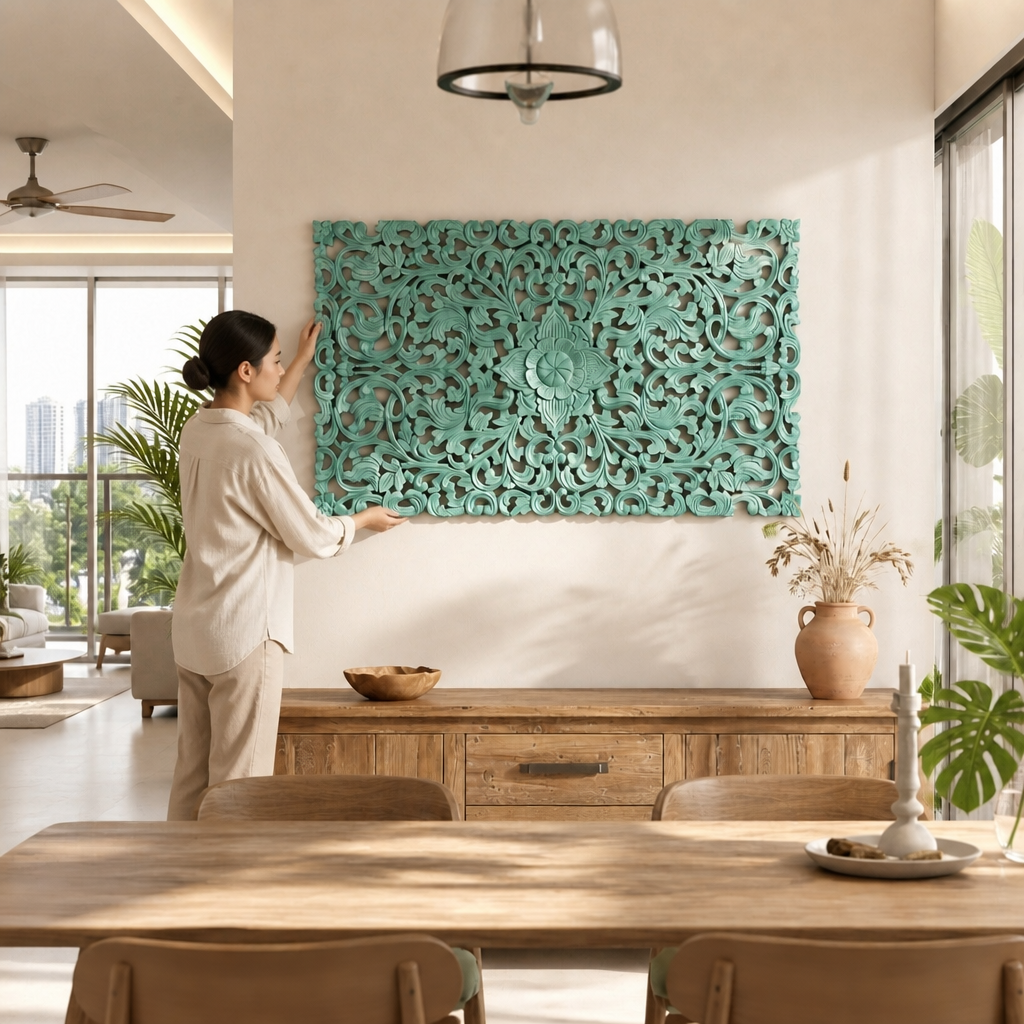 Carved Decorative Panel "Restu" - White & Green - 100 x 60 cm