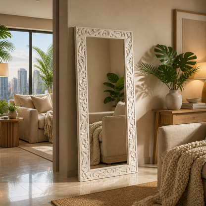 Hand Carved Wooden Mirror "Asmara" in White - 150 cm