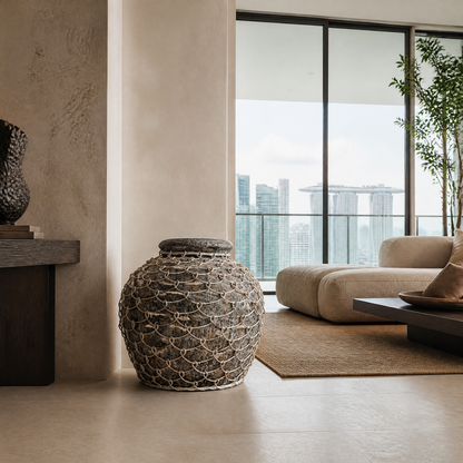 Decorative Vase “Jepun” – Grey Wash & Natural Rattan