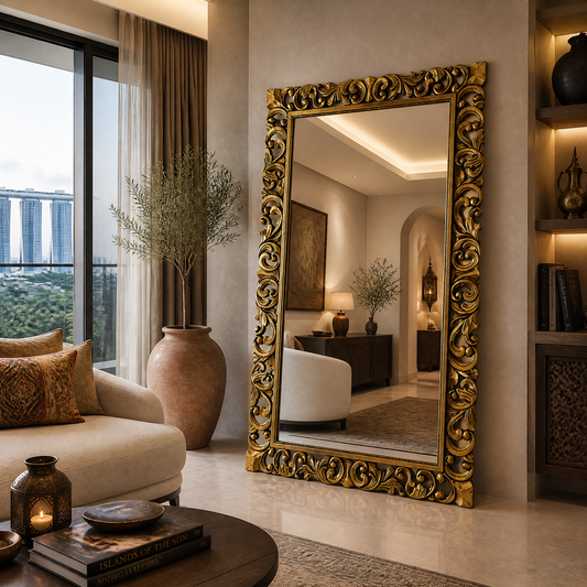 Hand Carved Mirror "Cempaka" - Gold  Antique Wash - 150 x 100 cm