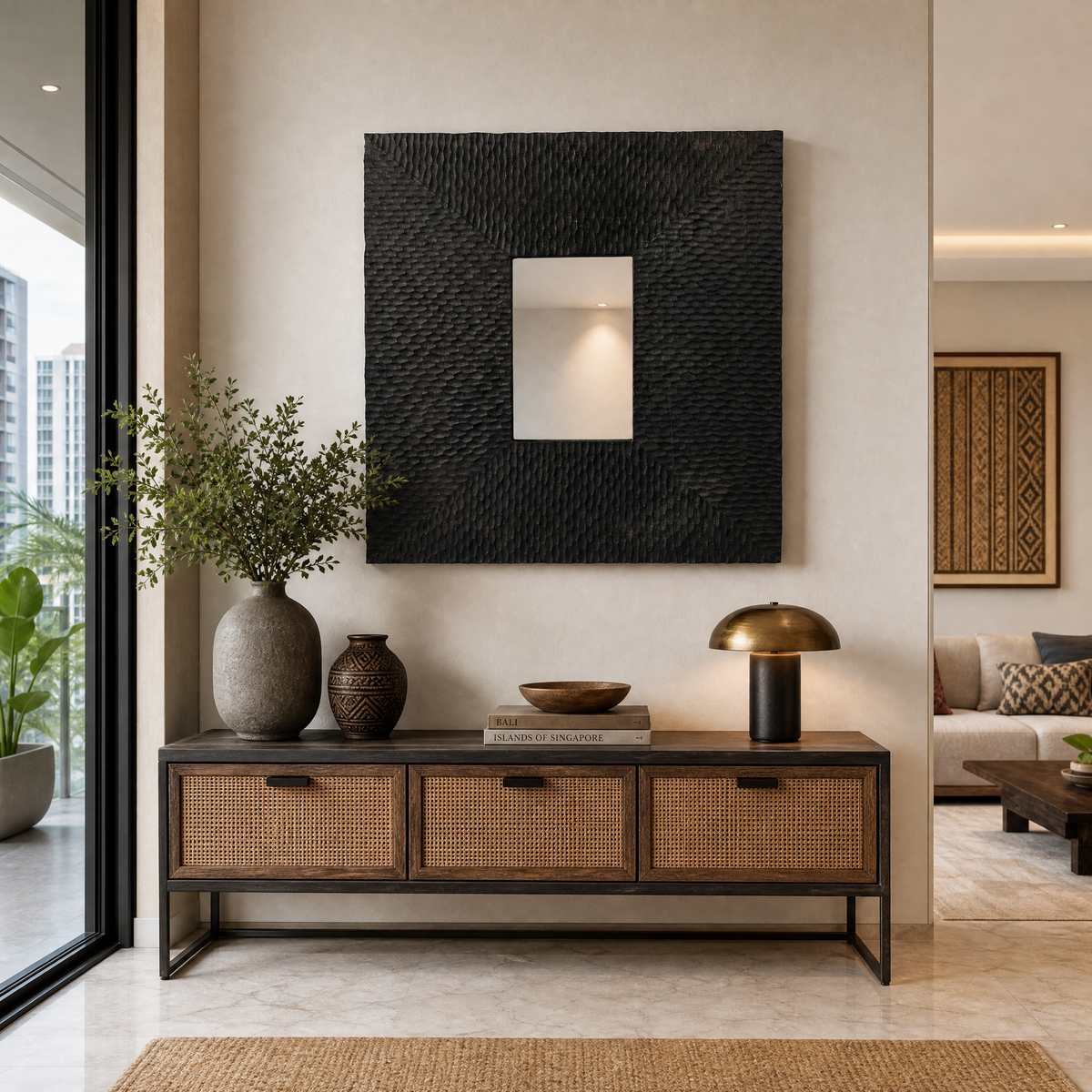 Wooden Sculptured Mirror "Rengkuh" - Black - 70 cm