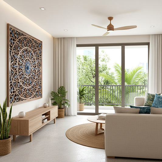 Carved Decorative Panel "Tropis" in Blue and Brown Wash - 120 x 120 cm