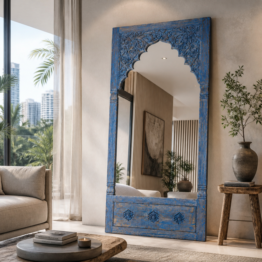 Hand Carved Wooden Mirror 'Vimala' - Distressed Blue - 200 x 100 cm