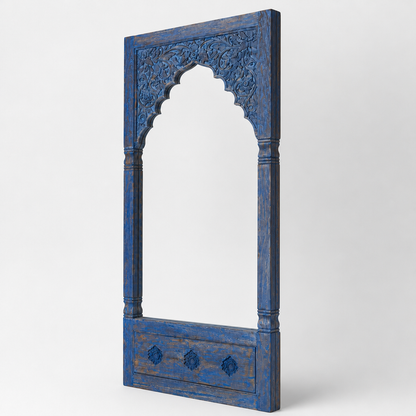 Hand Carved Wooden Mirror 'Vimala' - Distressed Blue - 200 x 100 cm