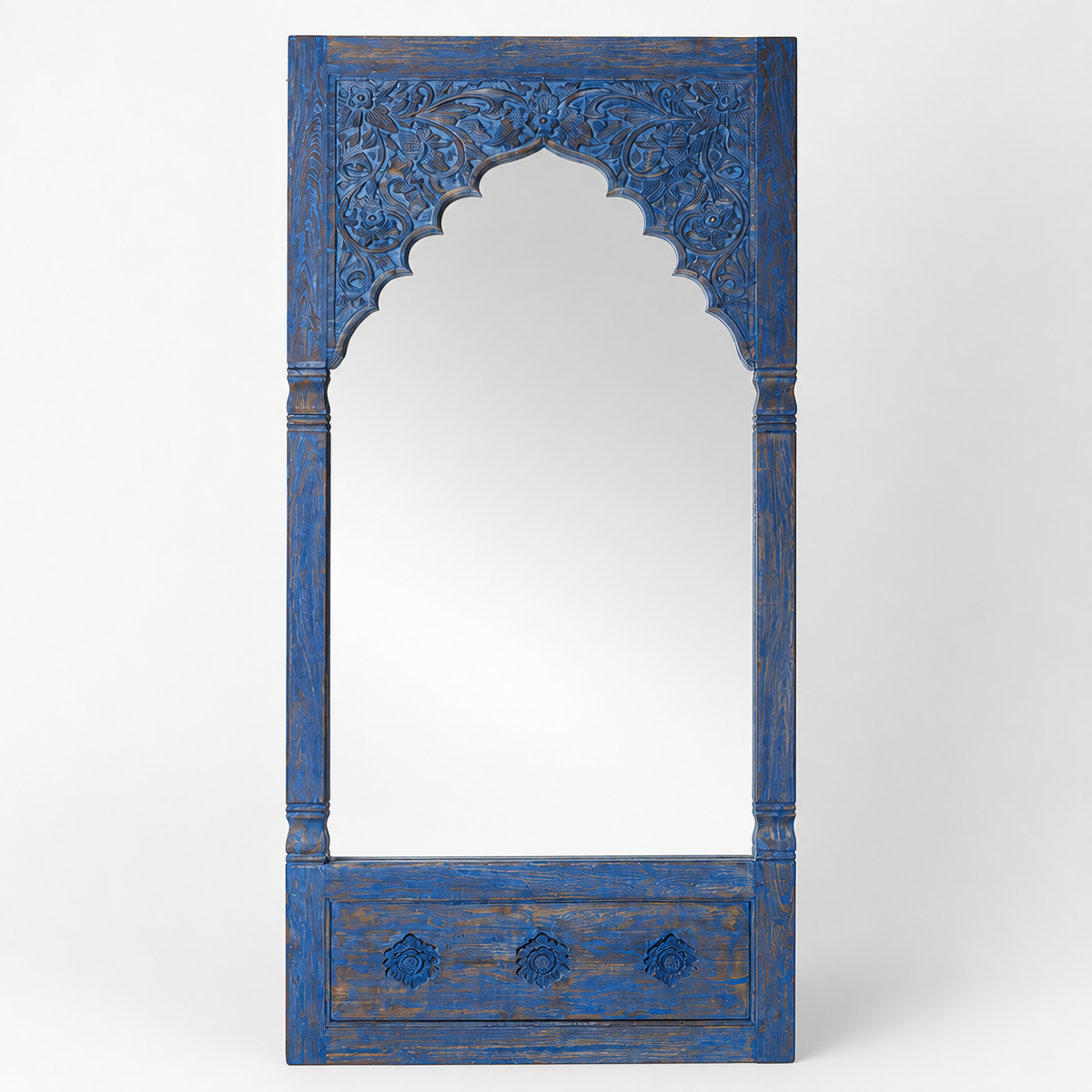 Hand Carved Wooden Mirror 'Vimala' - Distressed Blue - 200 x 100 cm