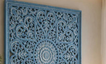 Custom Hand Carved Wooden Trunk "Cristina" - Blue Wash - 100 cm