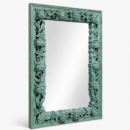 Hand-carved Wooden Mirror "Camélia" - Distressed Turquoise - 120 x 90 cm