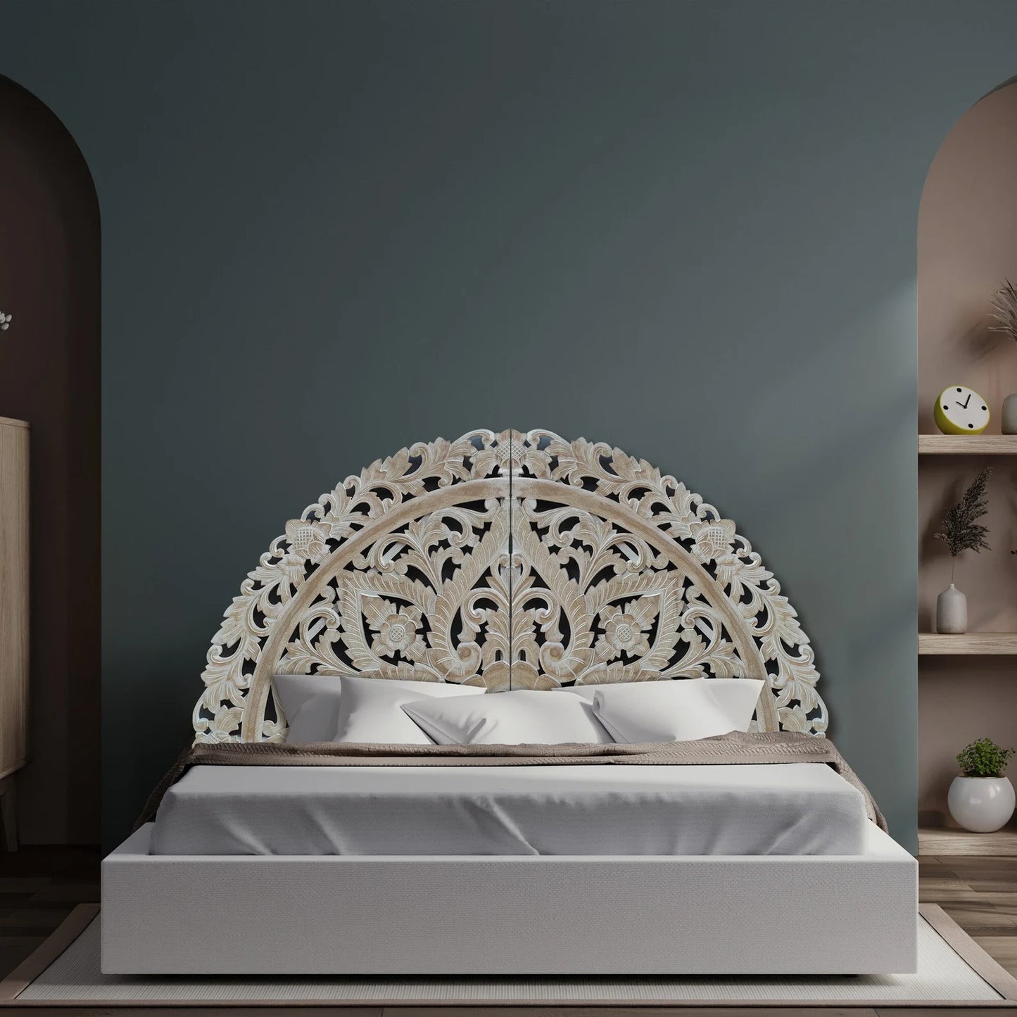 Carved Bed Headboard "Ayunina" - Antic Wash - USA