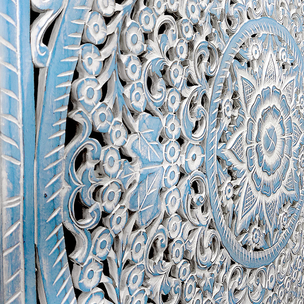 Carved Bed Headboard "Peony" in Light Blue Wash