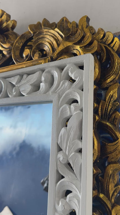 Hand Carved Wooden Mirror "Asmara" in White - 150 x 90 cm