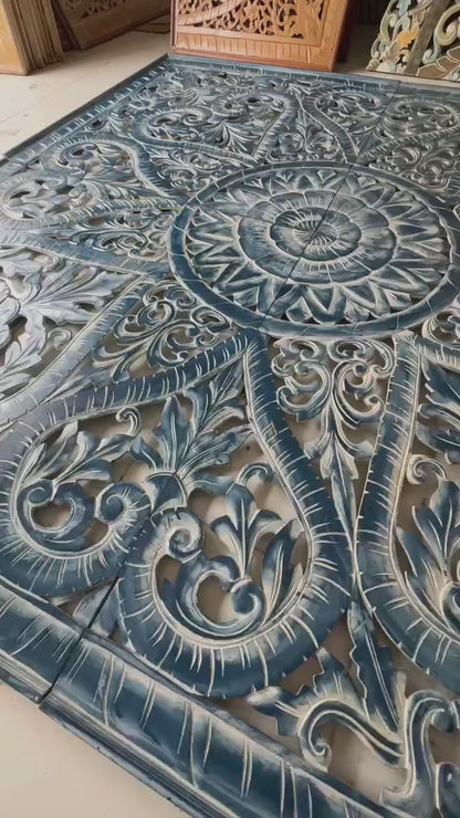 Carved Full Bed Headboard "Jantung" - Navy Blue Wash - USA
