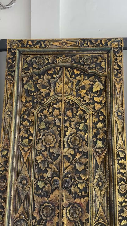 Teak Wooden Hand Carved Balinese Door 'Gianyar' in Black Gold Antique Wash - 210 x 100 cm