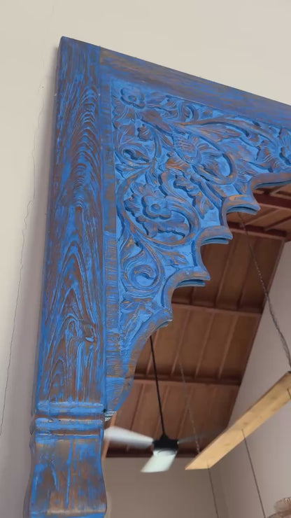 Hand Carved Wooden Mirror 'Vimala' - Distressed Blue - 200 x 100 cm
