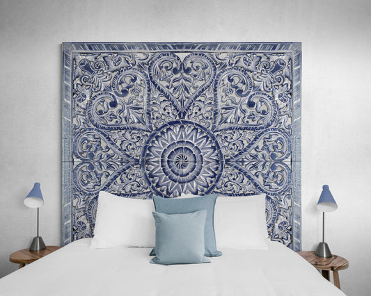 Carved Full Bed Headboard "Jantung" - Navy Blue Wash - USA