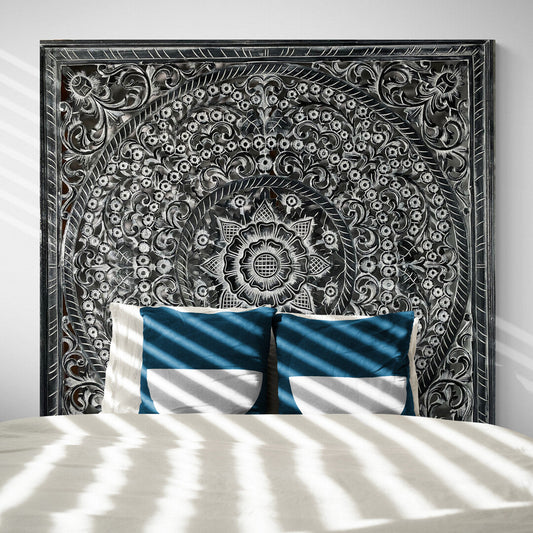 Carved Full Bed Headboard "Peony" - Monochrome