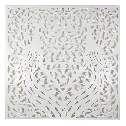 Bed Headboard Carved Peacock - White