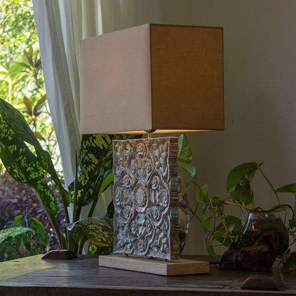 Carved Table Lamp 'Luwih' - Blue & Brown - Kulture Home Decor