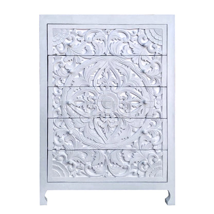 Wooden carved 5-drawer dresser 'Calyta' - White